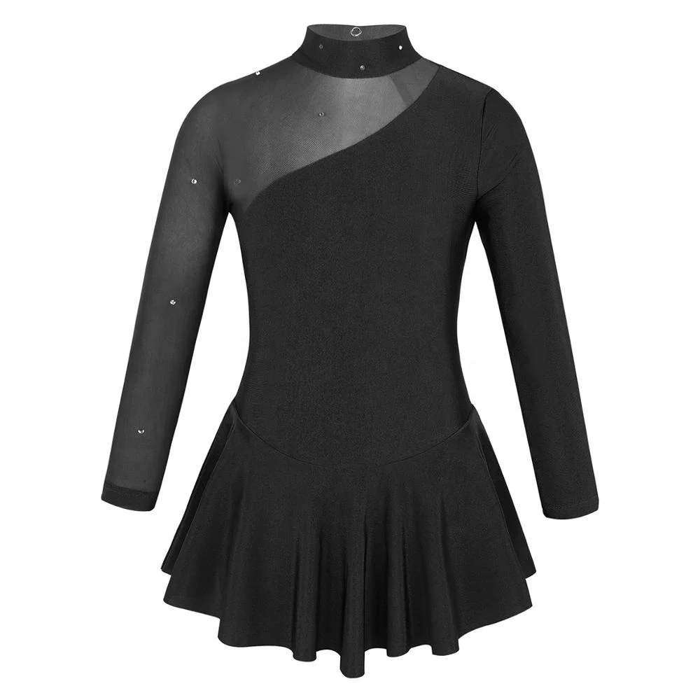 

Kids Girls Cutouts Back Long Sleeves Mock Neck Tulle Splice Ballet Leotard Training Dancewear Figure Skating Dress