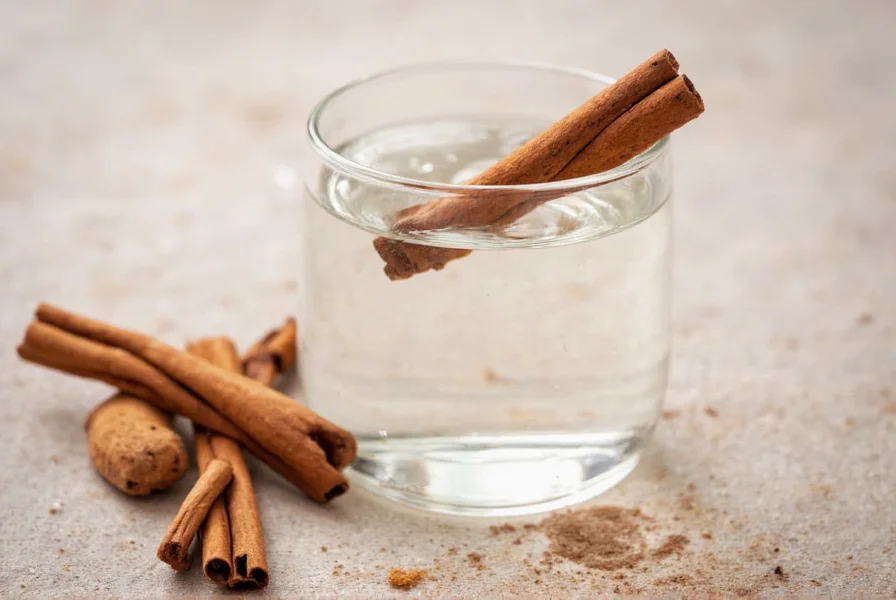 Two cinnamon sticks (Ceylon and Cassia) next to a glass of clear cinnamon water showing the visual difference between the two cinnamon varieties