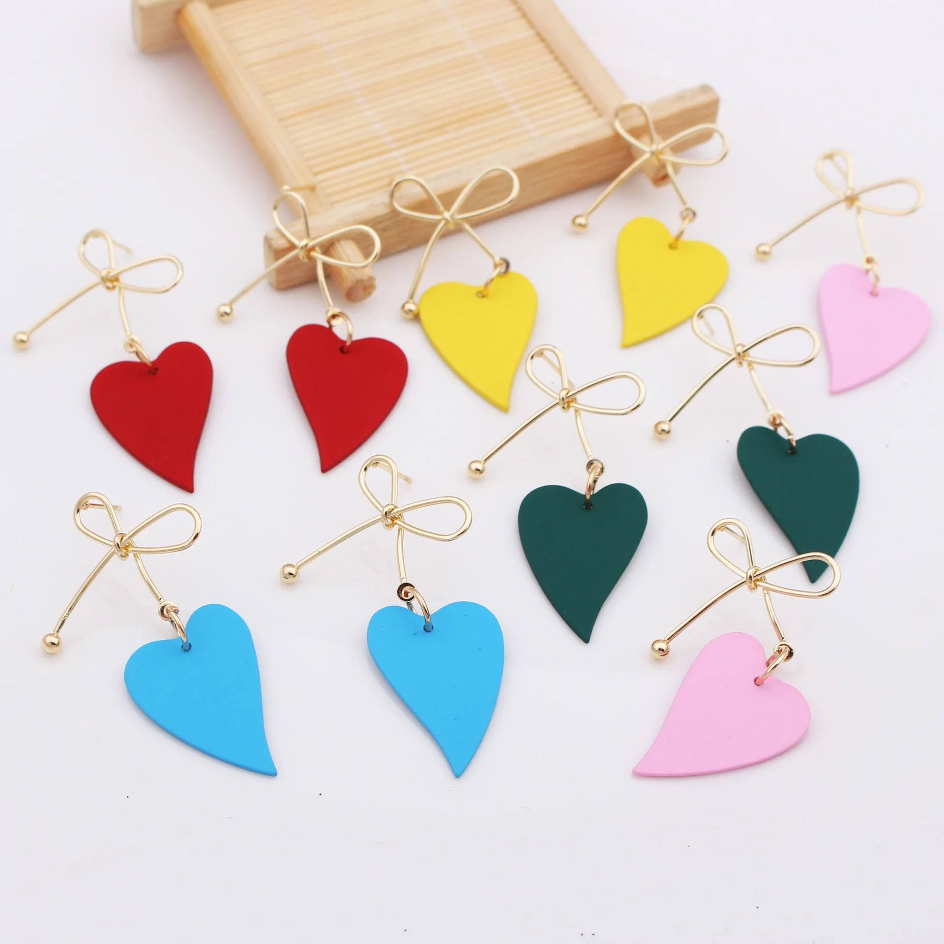 

JUHU New popular colorful heart bowknot alloy ear buckle simple cute earrings classic metal bow alloy jewelry for women, Gold