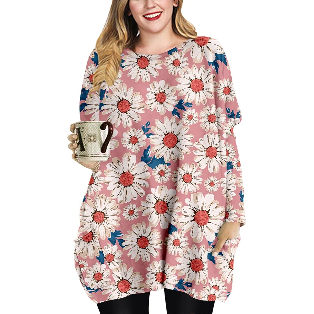 

New Daisy flowers plus-size women's loose long sleeves floral dress