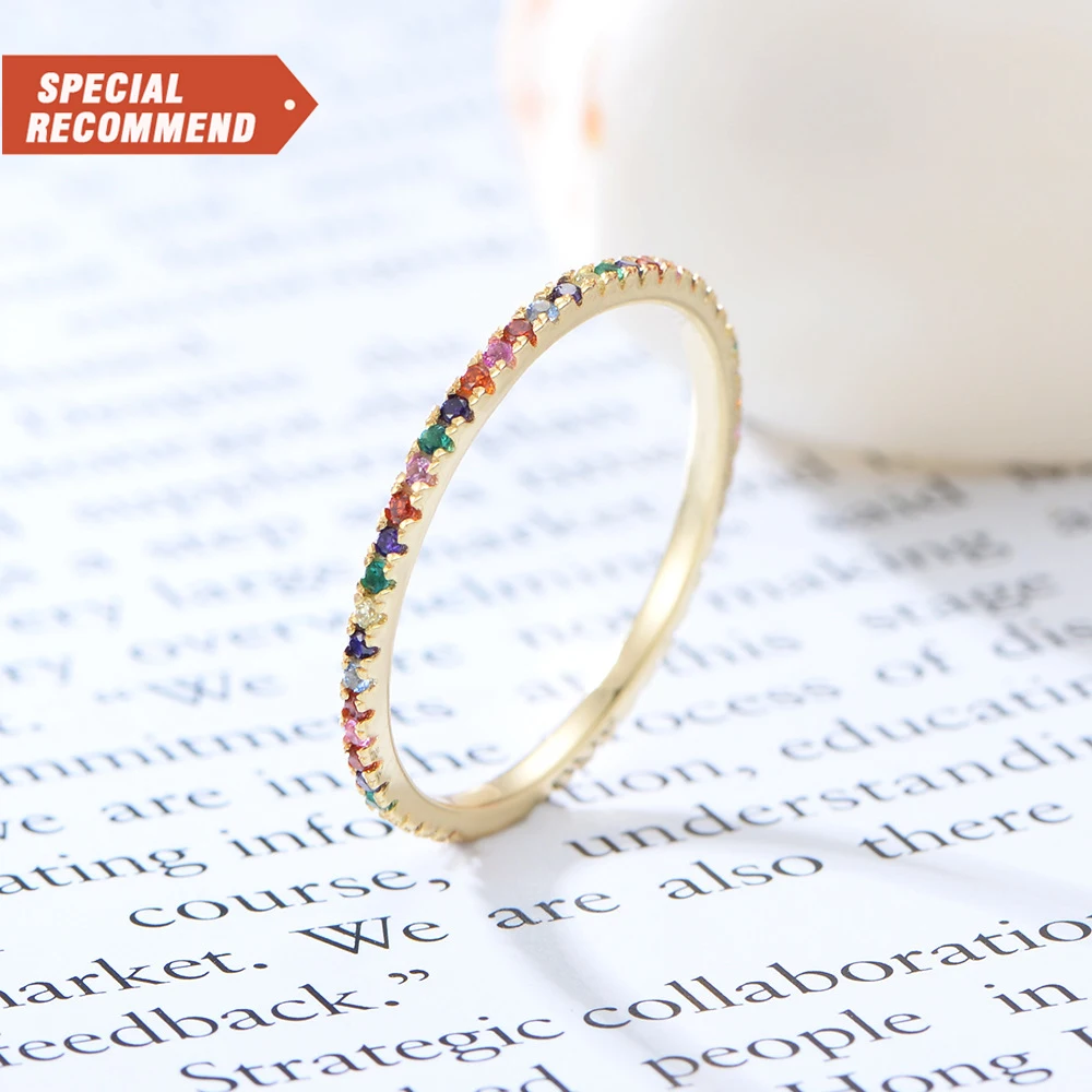 

factory wholesale high quality Women 925 Sterling Silver Gold Plated Band Multi Color Stone Diamond Full Rainbow Ring