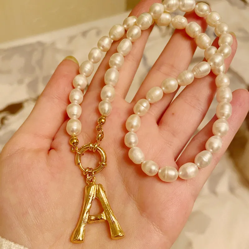 

High Quality Pearl Necklace Alphabet A-Z Initial Pearl Choker Buckle Gold Color Pendant Freshwater Pearl Jewelry, Picture