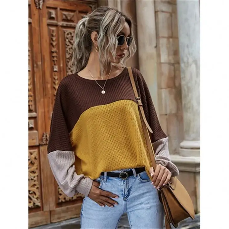 

Wholesale New Women Fashion Tops Contrast Color Patchwork Blouse Women Tops Long Sleeves O-Neck T-Shirt Blouse Ladies