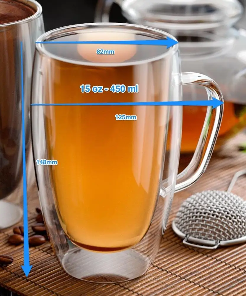 
Large Double Walled Glass Coffee Cups, 15 Ounce Sicilia Collection, Tall Insulated Mugs for Espresso, Latte, Cappuccino, Tea 