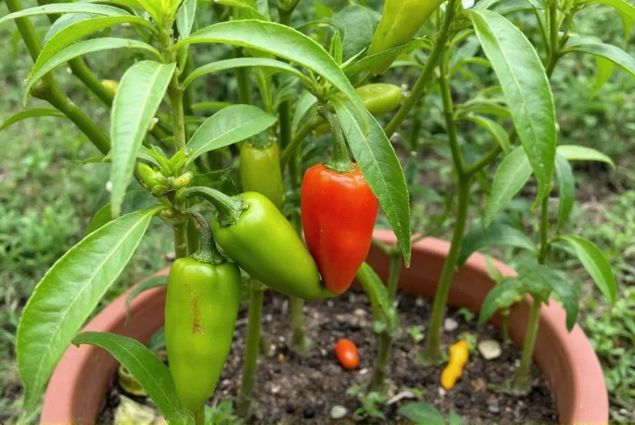 Wiri pepper plant in container showing multiple ripening peppers at different stages from green to red