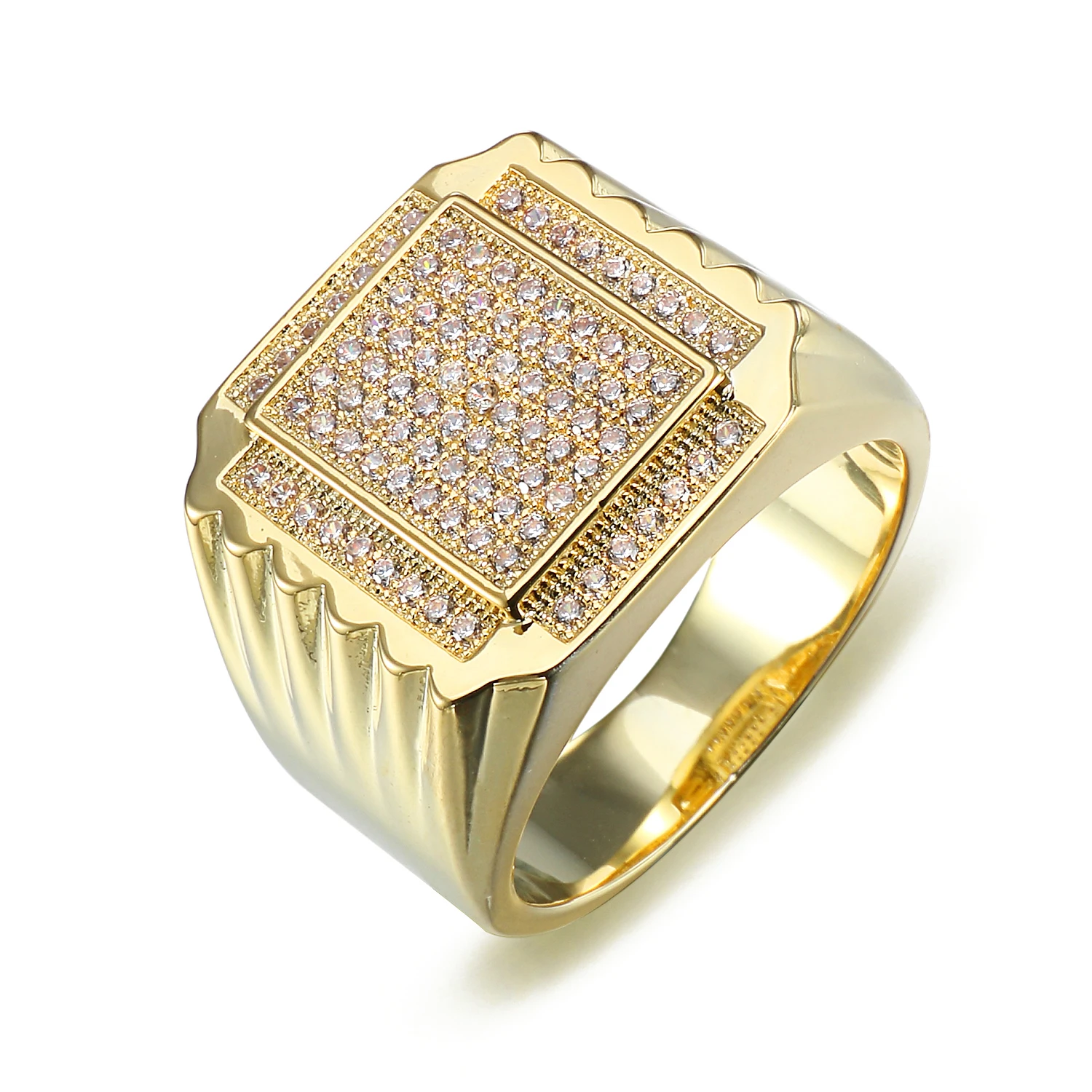 3.18 Cts White CZ Diamond Mens Square Hip Hop Ring in 14k Yellow Gold Finish 925 Silver