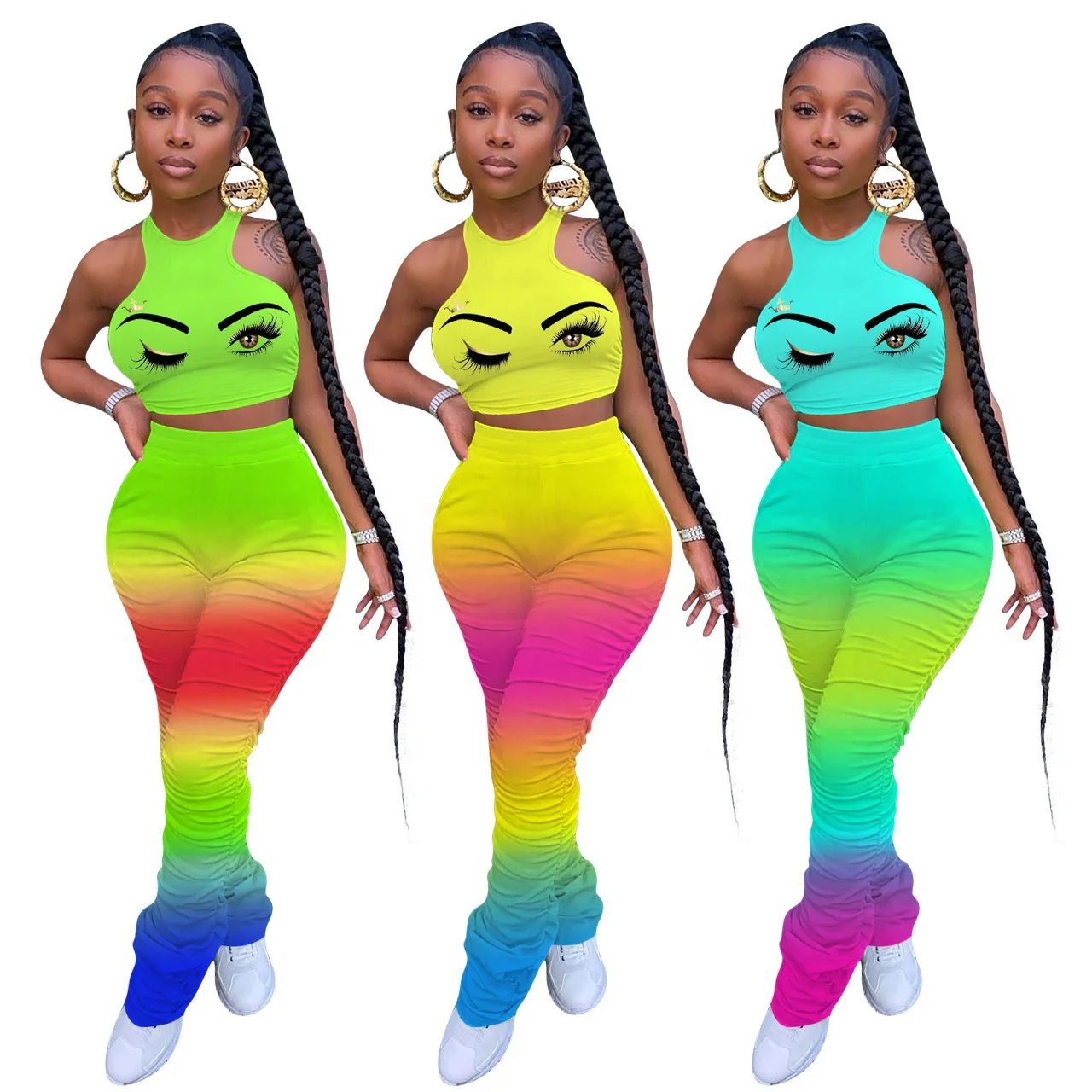 

MT82-8251 Women's two-piece sportswear vest gradient stacking horn jogging pants suit sports fitness plus size women clothing