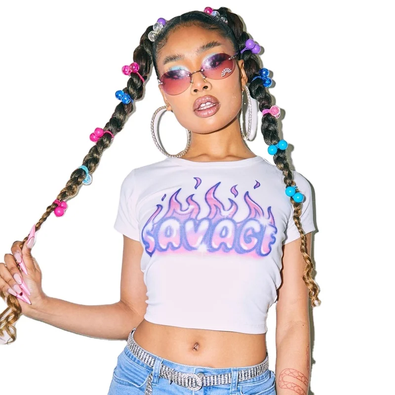 

Blingirl 2021 Summer New Fashion Wholesale Letters Print Crop Tank Top Short Sleeve Slim Bodycon Streetwear Causal Clothing, White