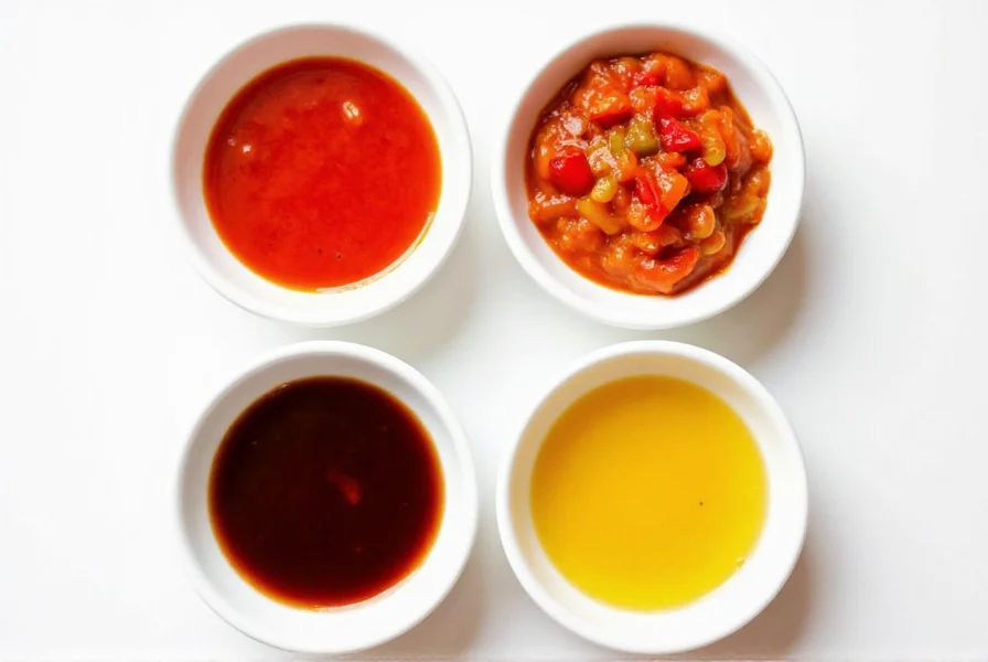 Four small white bowls showing different chili sauce variations: traditional red, orange with bell peppers, dark brown smoky version, and golden yellow citrus-infused sauce