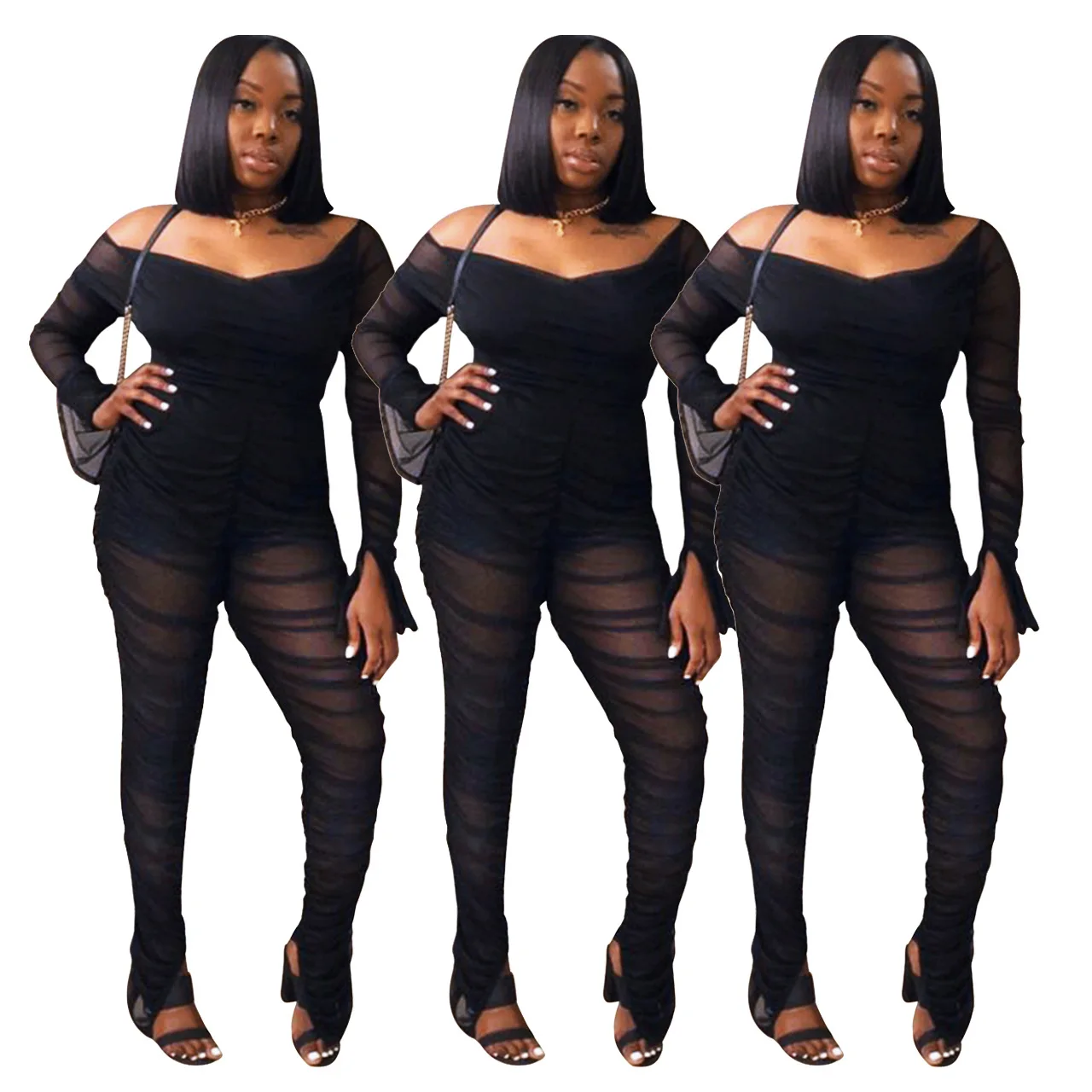 

B54466A Europe hot selling 2021 new women sexy mesh sheer fashion jumpsuit, Black