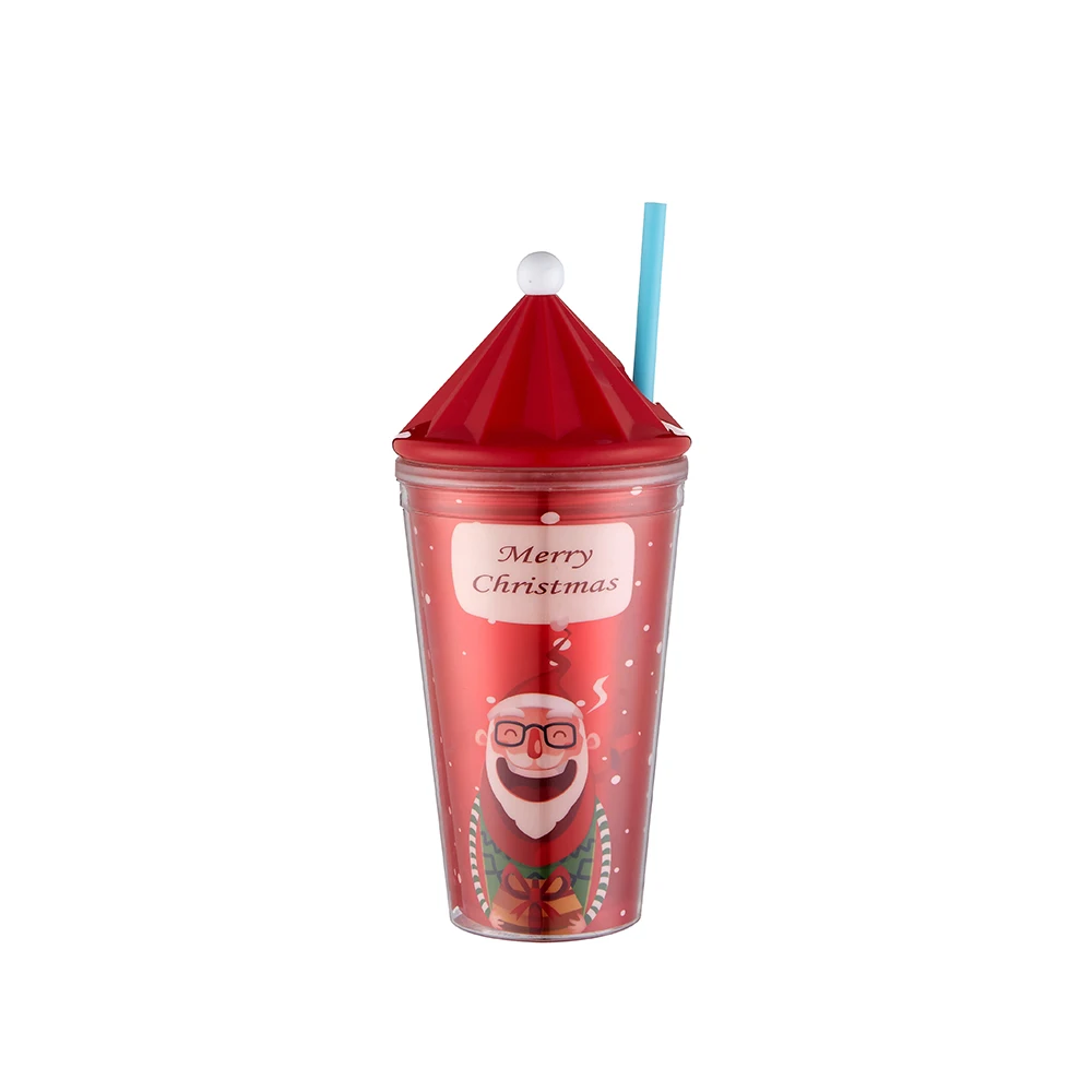 
Reusable Classical Hot Sell Food Grade & Eco-Friendly Hat Shape Christmas Double Wall Plastic Travelling Mug with Straw 500ml 