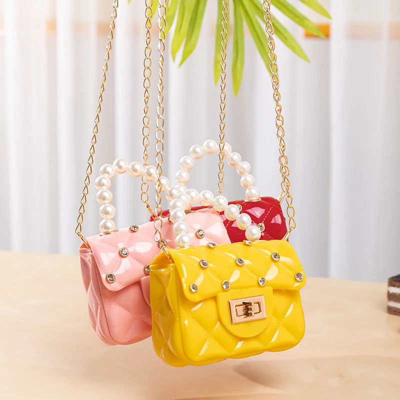 

women 2021 mini kids jelly purses Messenger bags silicone Candy Chain ladies bags pearl diamond jelly small purses and handbags