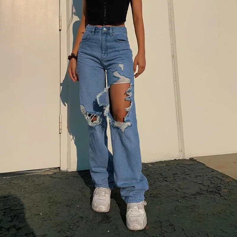

2021 low moq wholesale fashion blue girl mujer femme ripped ladies distressed custom high waisted jean pant denim jeans women, As picture