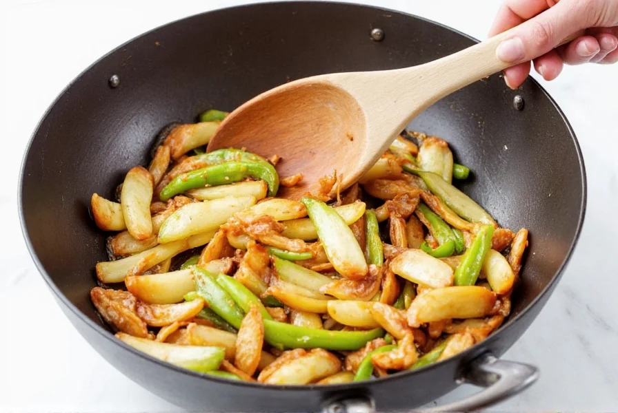 Professional chef julienning fresh ginger on wooden cutting board for wok cooking