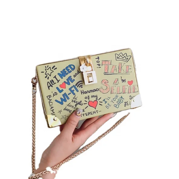 

Letter Print Bags Leather Small Sling Chain Cross-body Hand Bag Square Box Handbag