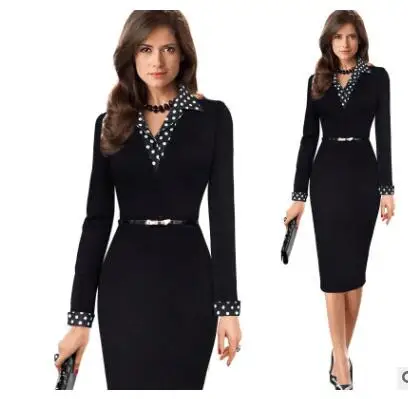 

Women Vintage Black Patchwork Dots Belted Bodycon Dress Casual Wear to Work Office Business Sheath Pencil Dress, As picture show