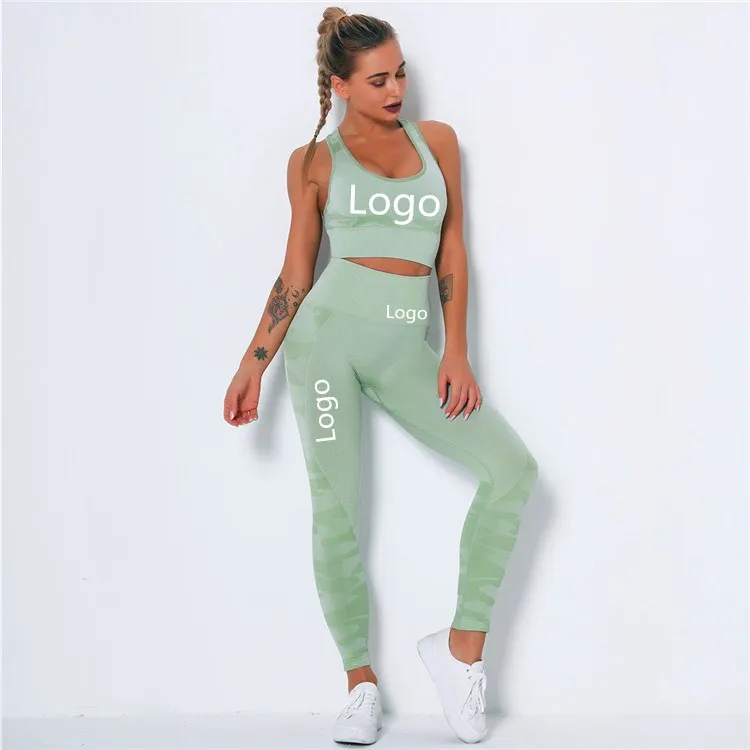 

Factory direct sale custom logo fitness seamless suit camouflage womens high elastic yoga sport wear bra and pant set