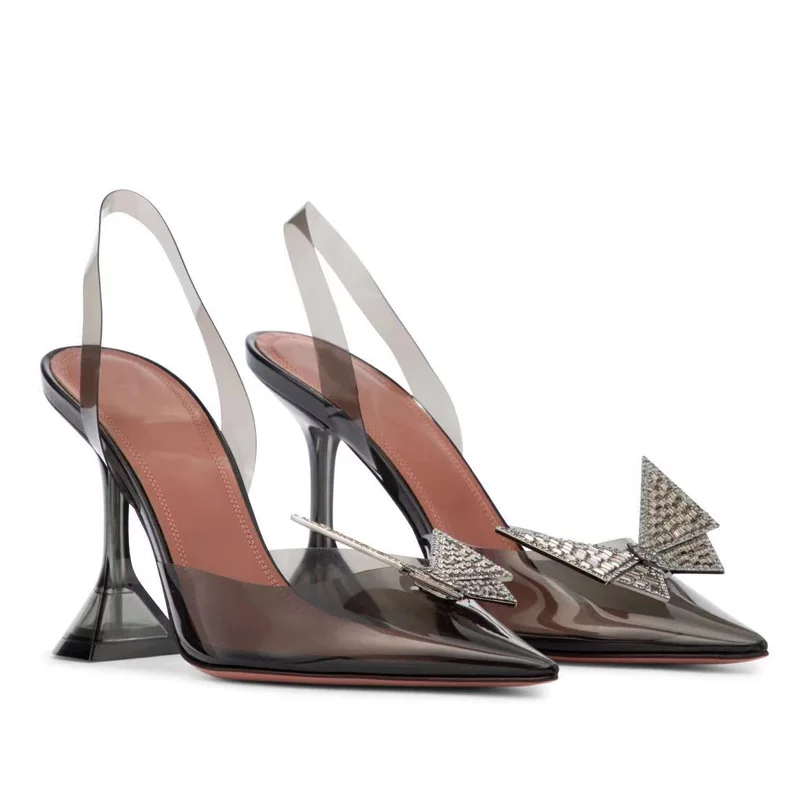 

2021 New Pointed Transparent Sandals Women's Bun Water Drill Bow Wine Glass Heels