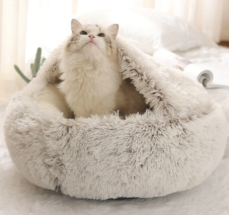 

Cute Plush Dog Bed Crystal Luxury Plush Warm Round Half Pack Cat Nest Deep Sleep Cat Cave Pet Bed