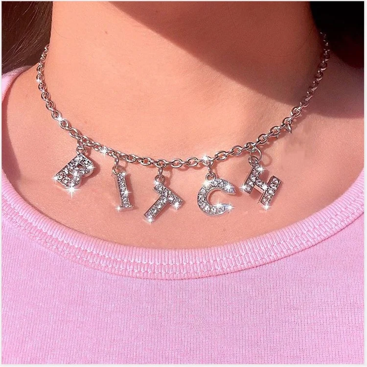 

New arrival very hot letter necklace jewelry bling diamond for girls, Silver plated