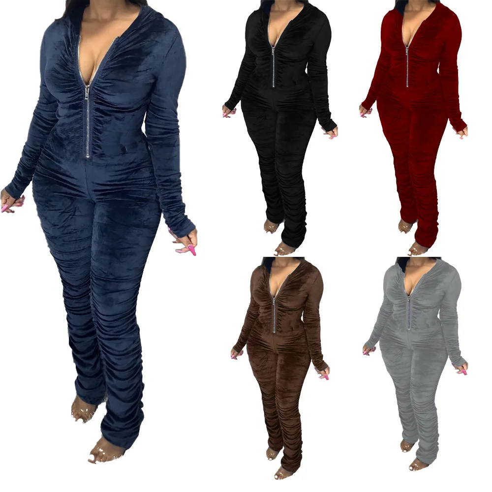 

2021 New Sexy V-neck Zipper Tight Jumpsuit Pants Legging Women Sweat Pants With Ruched Sides, 1option