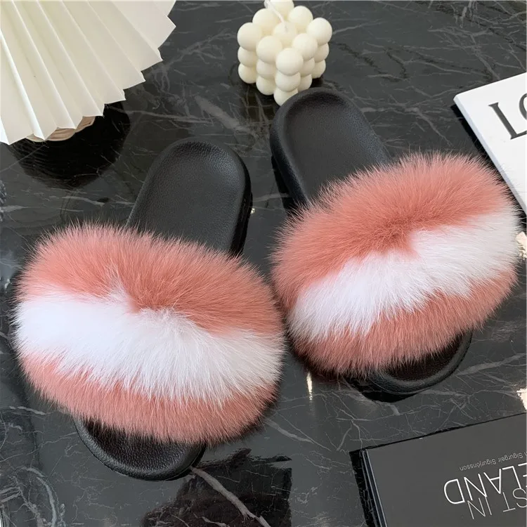 

2021 wholesale ladies fashion fur slippers women's fox fur slides sandals, Customized color