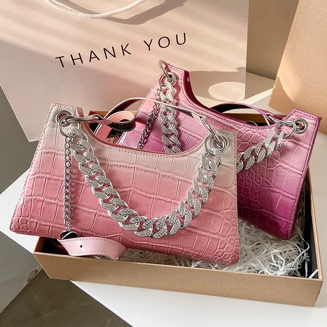 

Women Luxury Designer Bags with Chain Decoration Famous Brand Hand bags 2022 Spring New Arrivals Rainbow Pu Leather Shoulder Bag