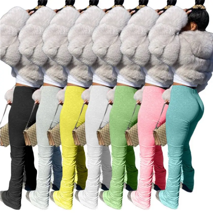 

High Waist Drawstring Stacked Joggers Pants With Side Pockets Flare Stacked Sweatpamts Leggings Winter Pants, White, yellow, gray, green, black, pink, blue