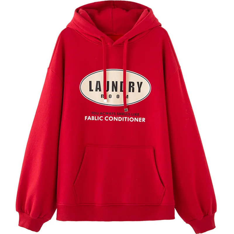

Autumn Winter Women Fashion New Plush Hoodie Loose Letter Printed Long Sleeve Hoodie, Red;blue