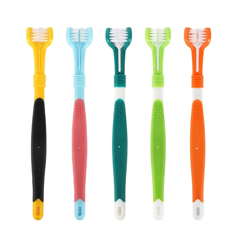 

Factory Wholesale Multicolor Three Heads Pet Dental Care Cat Dog Toothbrush