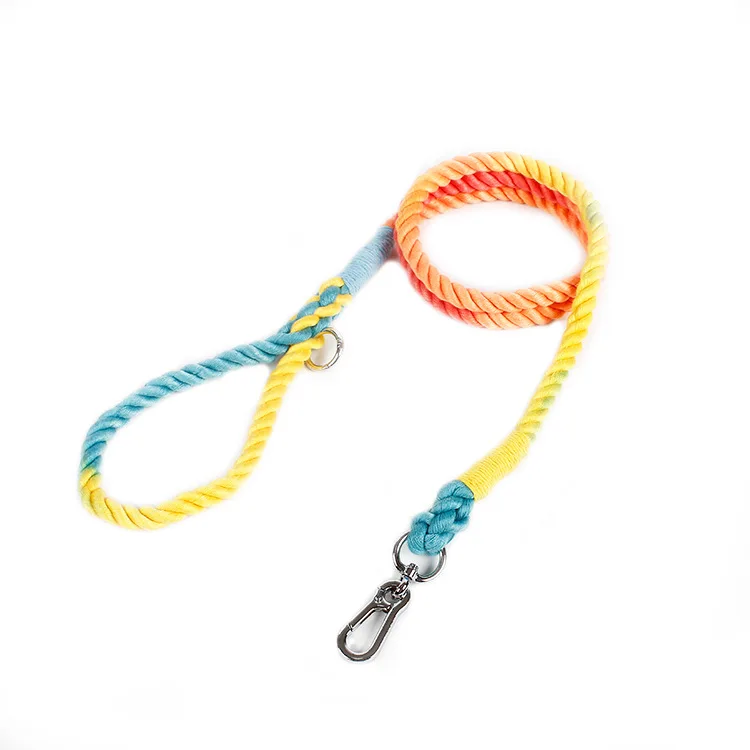 

custom dog leash gradient rainbow color hand-dyed woven cotton rope dog leash pet dog collar chain, As your sample or as pantone color