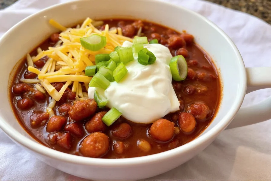 Finished bowl of homemade chili with toppings including sour cream, shredded cheese, and green onions