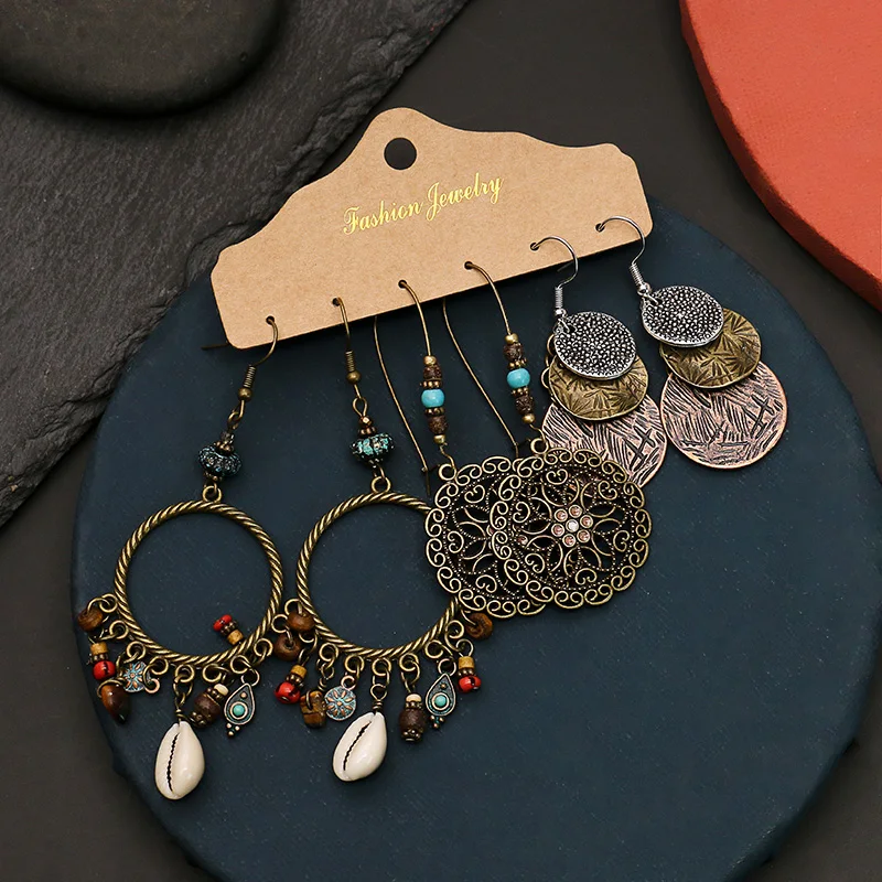 

Stock 3 pair/sets Bohemian style hollow African tassel drop earrings women eardrop hoop earrings, As picture