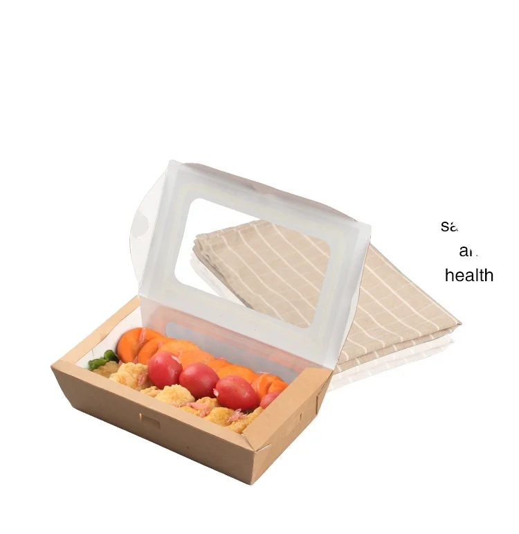 

Disposable Kraft Paper Lunch Box Fruit Salad Pasta Transparent Window Packaging Box Steak Bento Takeaway Box