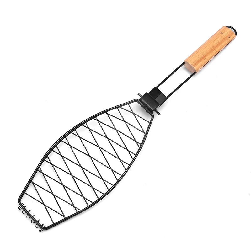 

Non Stick Fish Shaped BBQ Grill Basket Fillet Grilling Mesh Wooden Handle Grill Net BBQ Barbecue Roasting, Silver