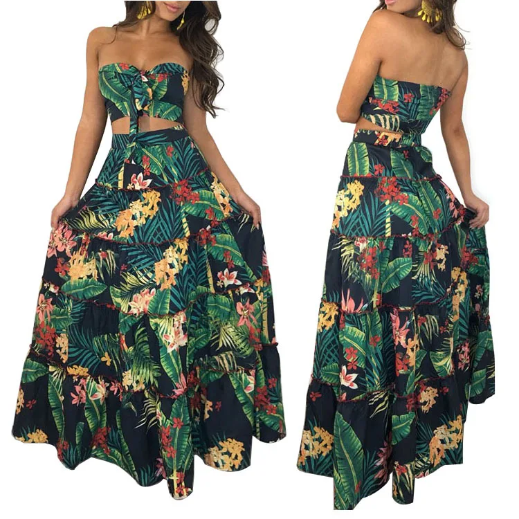 

print skirt set women strapless crop top and skirt two piece beach skirt sets
