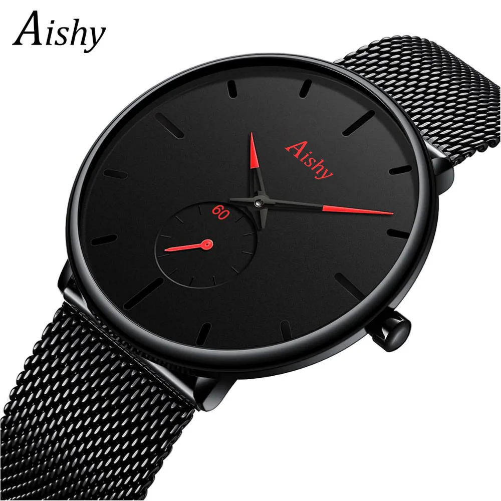 

Hot Selling Aishy Men Watch dial Mesh Stainless Steel Band Black Classic Watch Clock Cheap Watches Quartz Movement Custom Logo