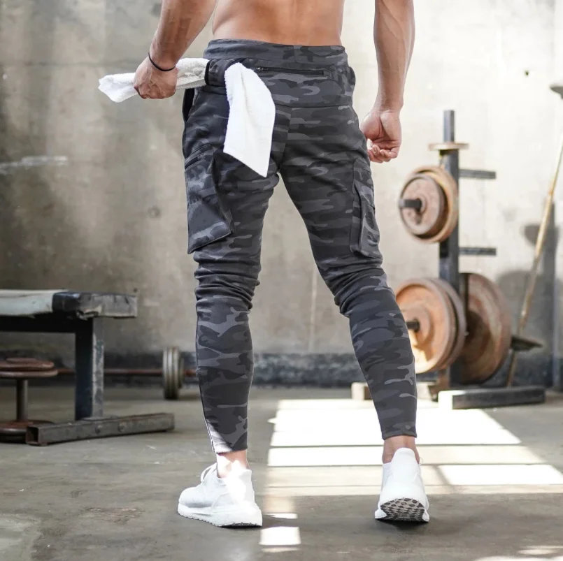

Fitted Gym Sweat Wicking Mens Track Pants Sports Running Training Jogger Trousers Men Multi Pocket Fitness Dance Body, As picture