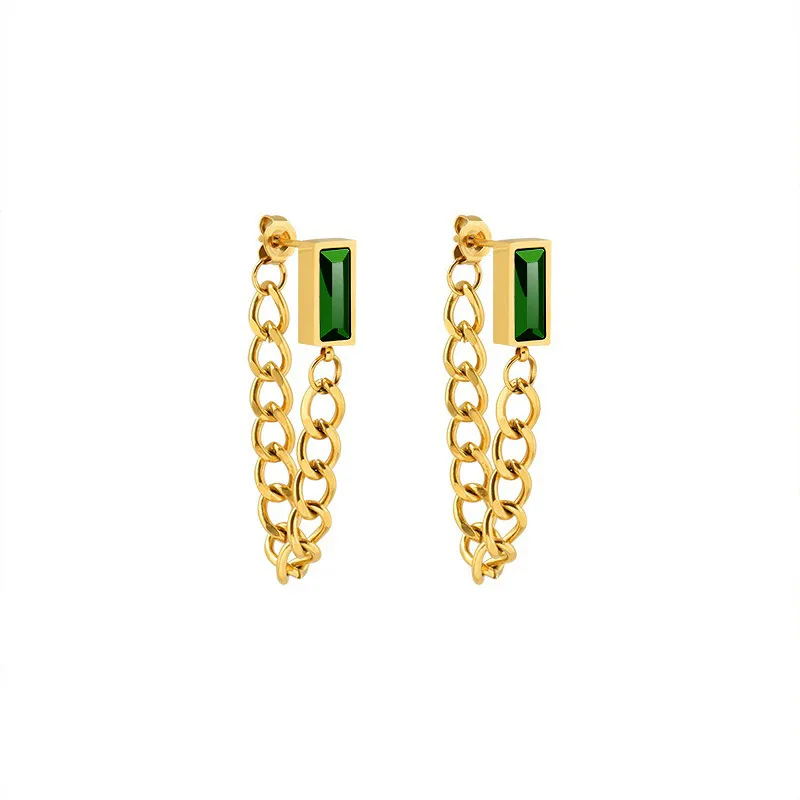 

European Trending boho Jewelry Green zircon 316L gold plated stainless steel earrings 2021