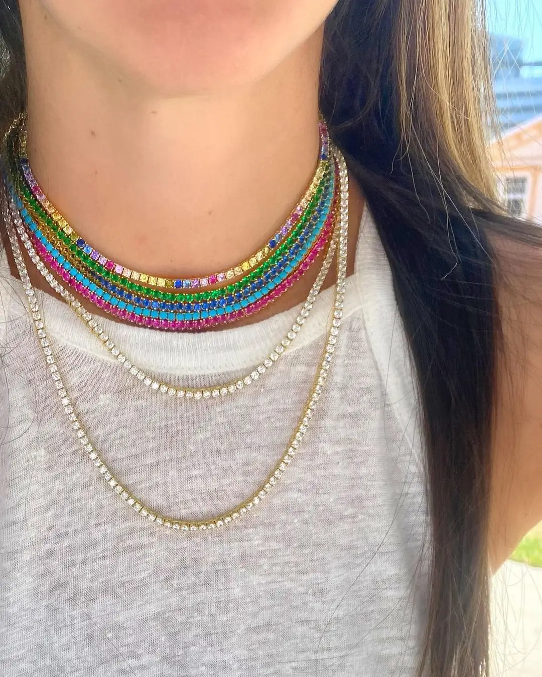 

new arrival rainbow cubic zirconia paved cz tennis chain necklace hip hop gold plated fashion jewelry for party