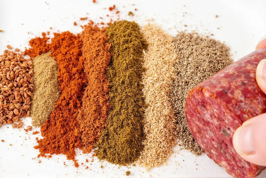 Wooden tray with various sausage types and seasonings