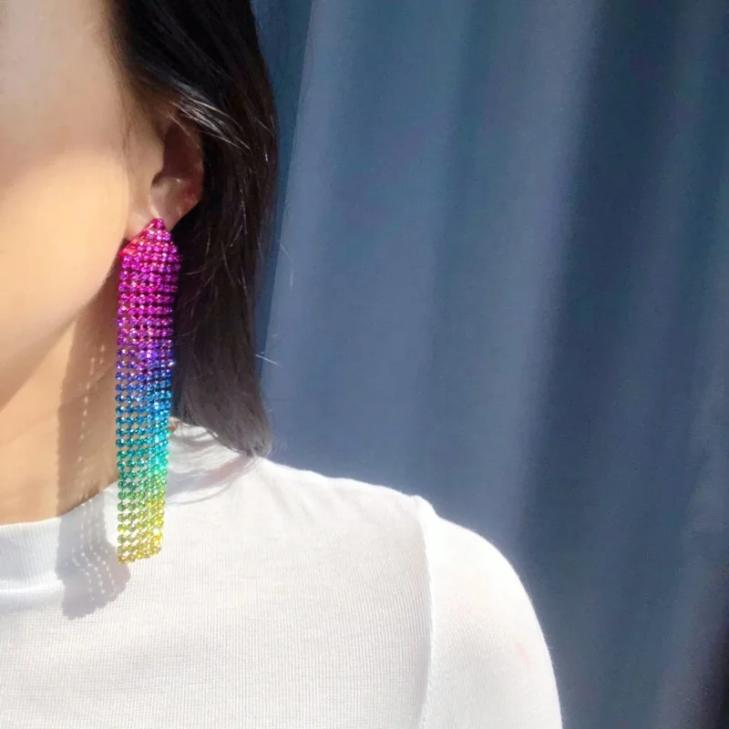 

Gradient Shiny Rhinestone Exaggerated Earrings Simple Geometric Extra Long Earrings Women Jewelry Wedding Party Gifts New