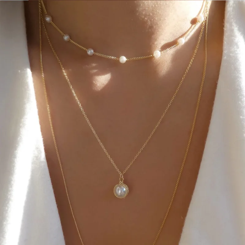 

2022 New Arrival Multi Layer Chains Sweater Necklace Women Gold Plated Baroque Pearl Necklace Jewelry