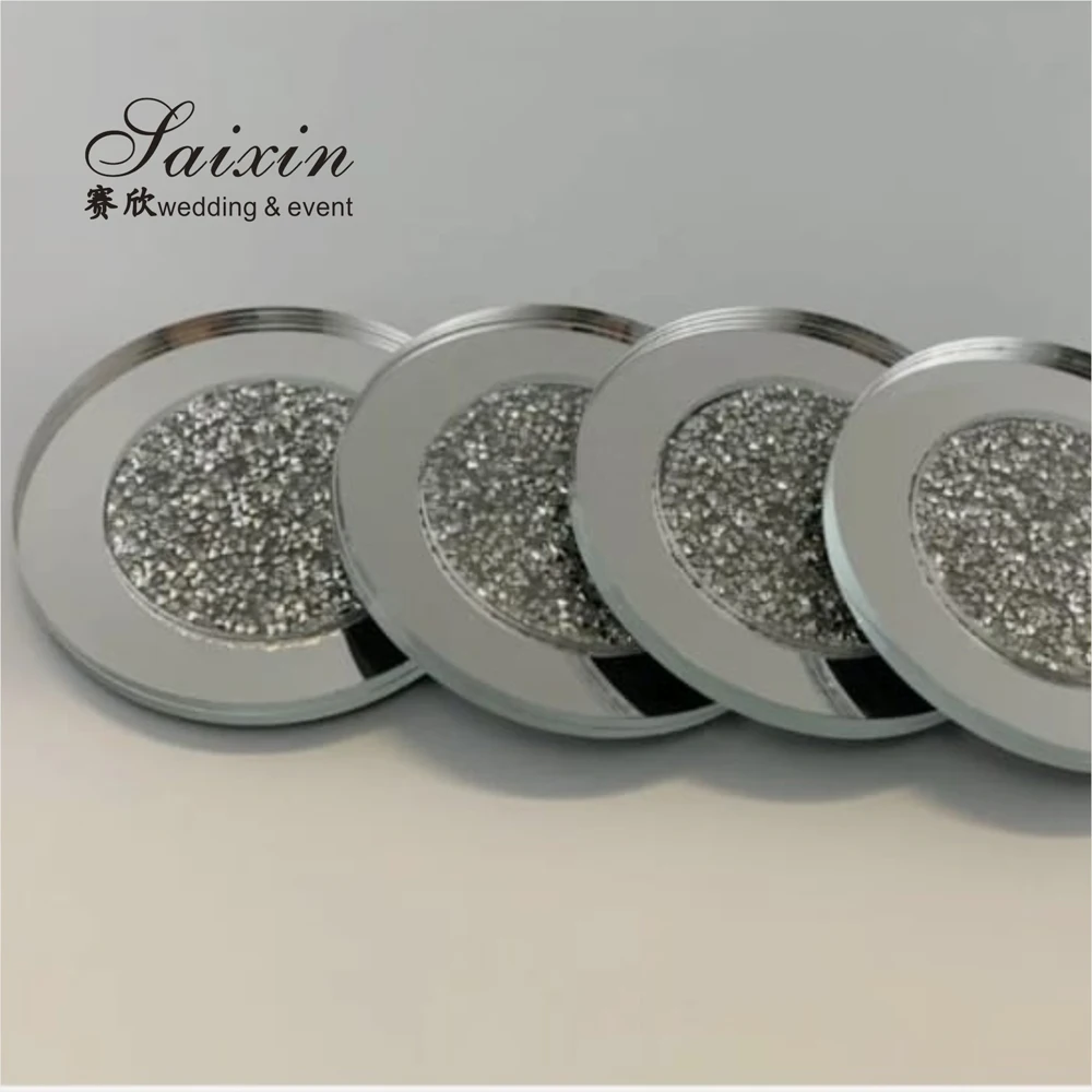 

SXJ-017 custom wholesale square round mirror glass crystal crushed diamond tea coffee cup coaster, Mirror customize colors