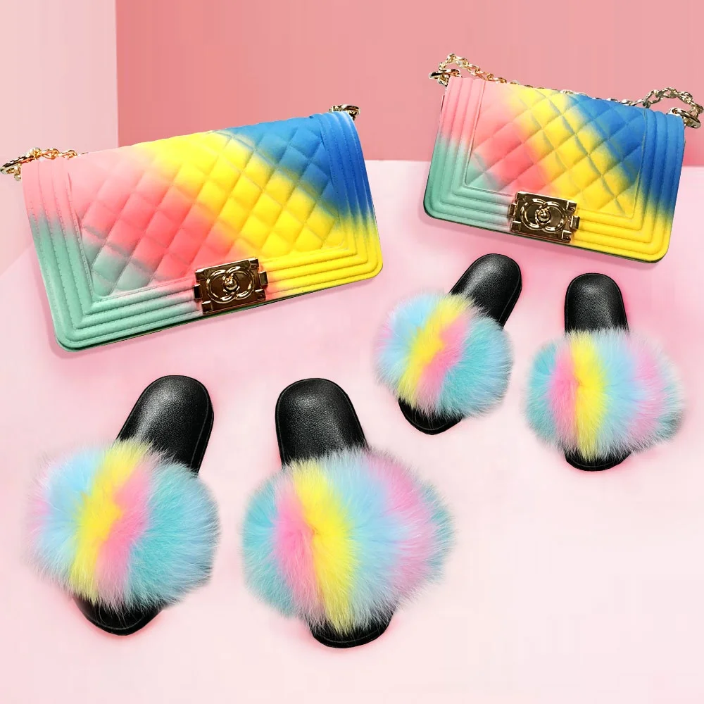 

Wholesale Custom fur sandal slippers wholesale slippers mommy and me fox fur slipper women with bag, As picture show or customized