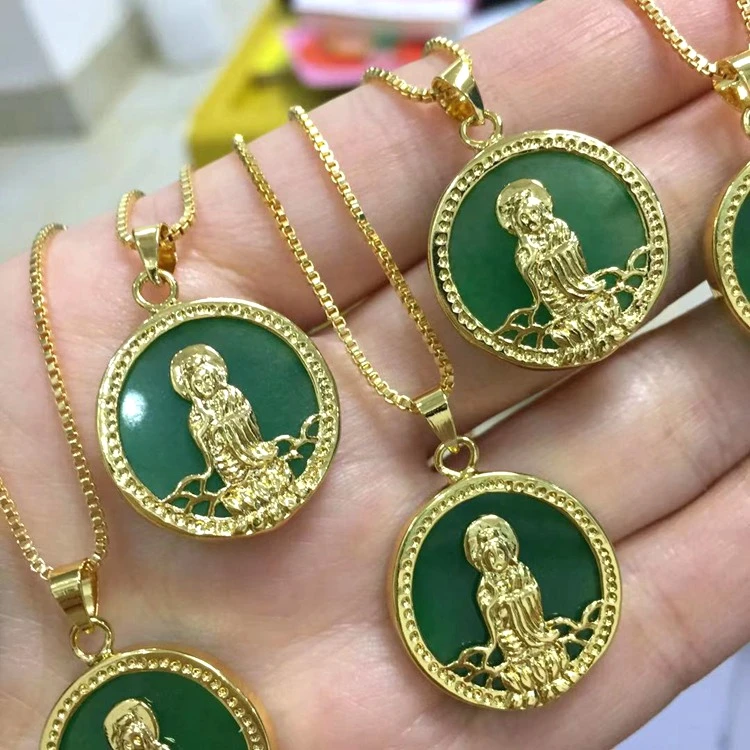 

HOT! jialin jewelry green jade guanyin round necklace pendant female buddha necklace