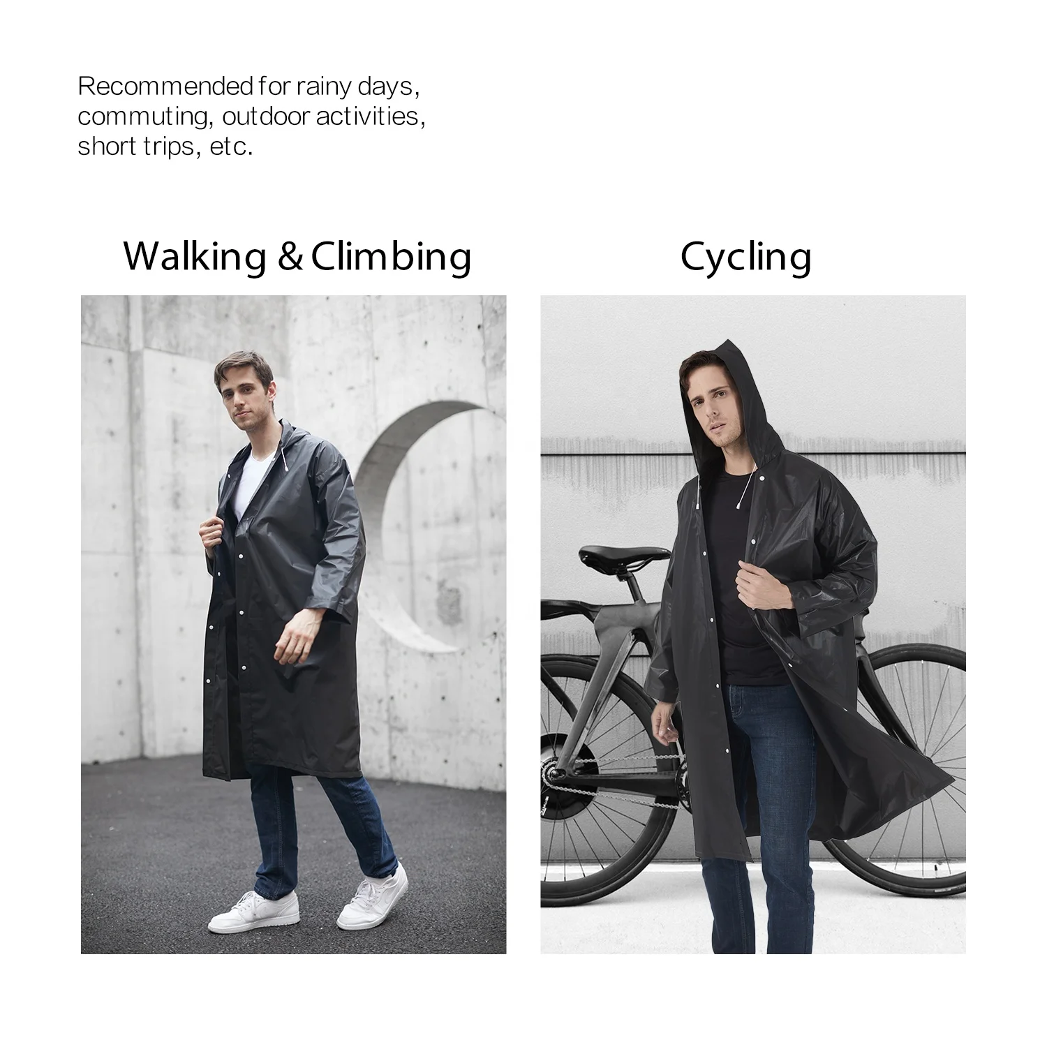 
2 pack black adult rain coat with compact drawstring bag EVA Rain Poncho for Women and Men, Reusable Raincoat 