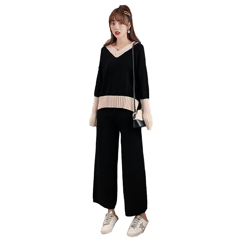 

2020 autumn winter new arrival fashion women v neck slim fit top and long pants sweater set