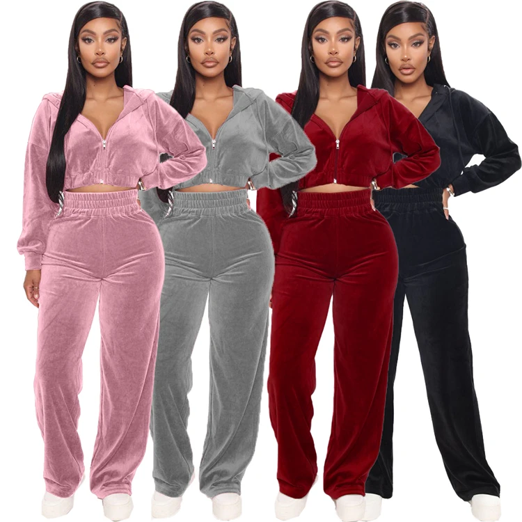 

Fashion Ladies Hooded 2 Pcs Suits Zipper Crop Tops High Waist Pant Solid Velvet Winter Women Two Piece Set, Picture