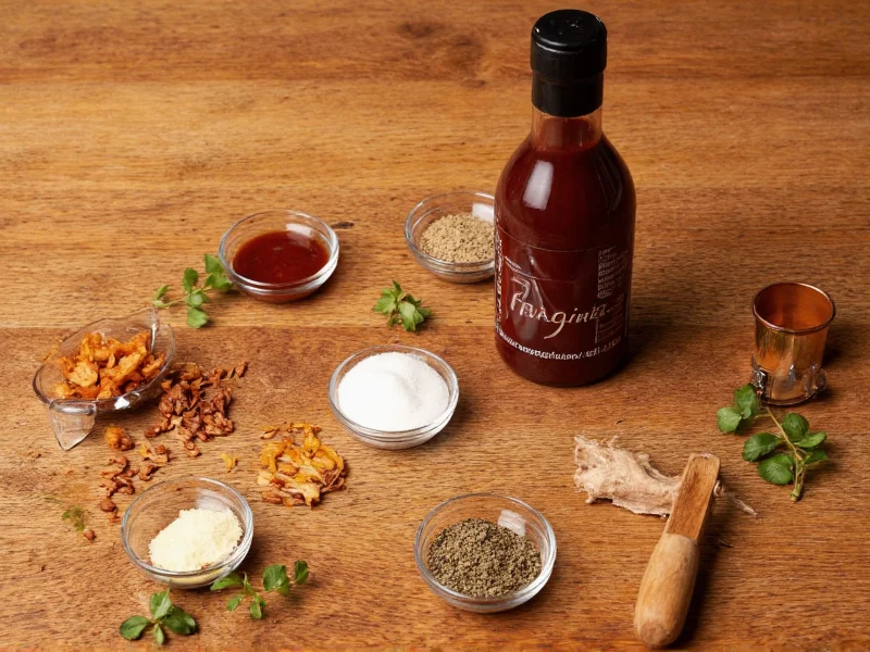 Worcestershire sauce ingredients on wooden table